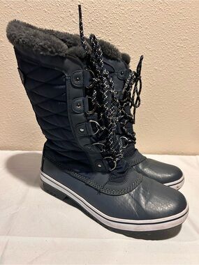 JBL Navy Quilted Lace-Up Winter Boots with Gray Faux Fur Trim